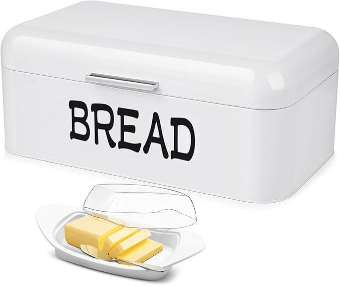 Flexzion Large Vintage Metal Bread Box for Kitchen Countertop, White | Bread Bin Storage Set Includes a White Butter Dish and Stainless Steel Butter Knife by Flexzion