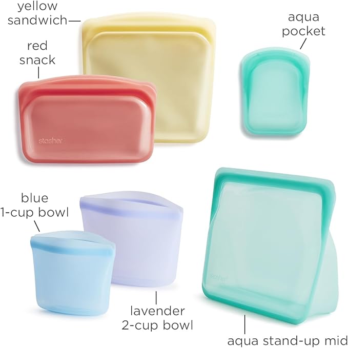 Stasher Premium Reusable Silicone Food Storage Bags, 6-Pack, Multicolor | Food-Safe Silicone, BPA-Free, Leak-Free, Eco-Friendly, Dishwasher, Lunch Bag, Travel Containers, Meal Prep, Lunch, Travel - Image 5