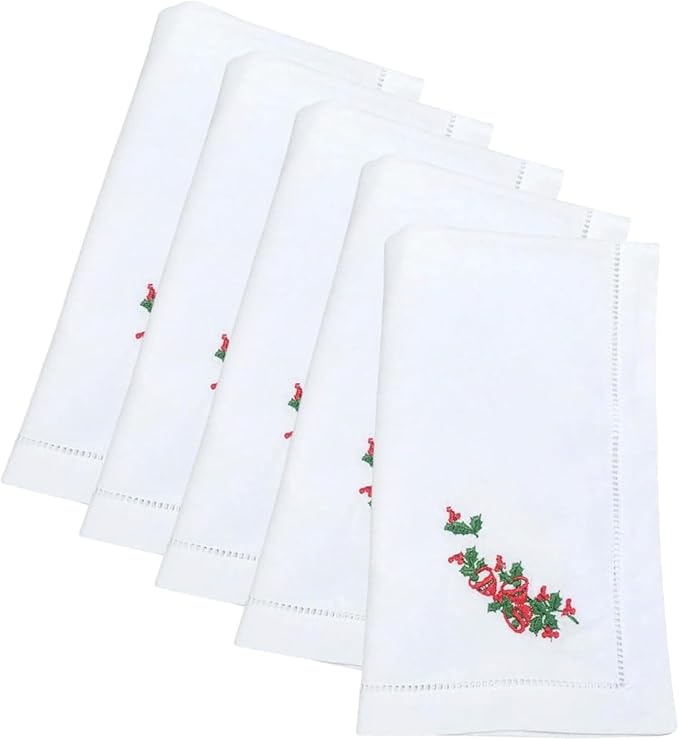 Embroidered Cloth Napkin Red Bells and Holly Christmas Cotton Napkins Set of 6, 20 x 20 Hemstitch Table Napkins Machine Washable, Daily & Holidays, Great Gift Ideas by Unknown