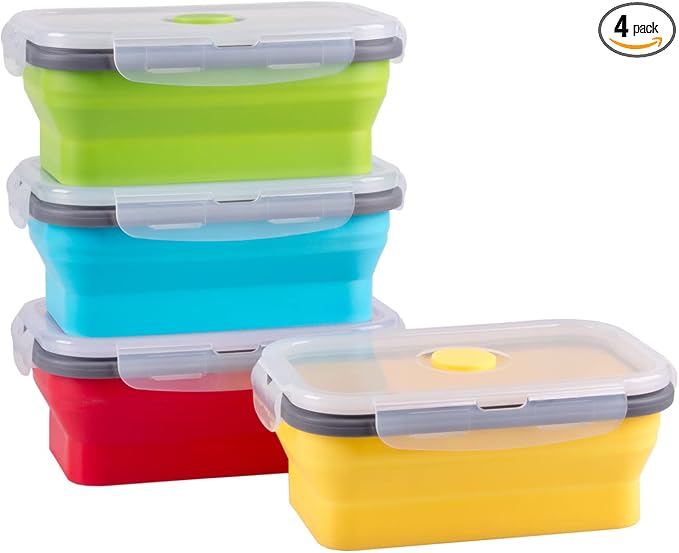 Collapsible Food Storage Containers with Airtight Lid, 16.9 oz, Small Kitchen Stacking Silicone Collapsible Meal Prep Container Set for Leftover, Microwave Freezer Dishwasher Safe, 4 Colors, Set of 4 by Annaklin