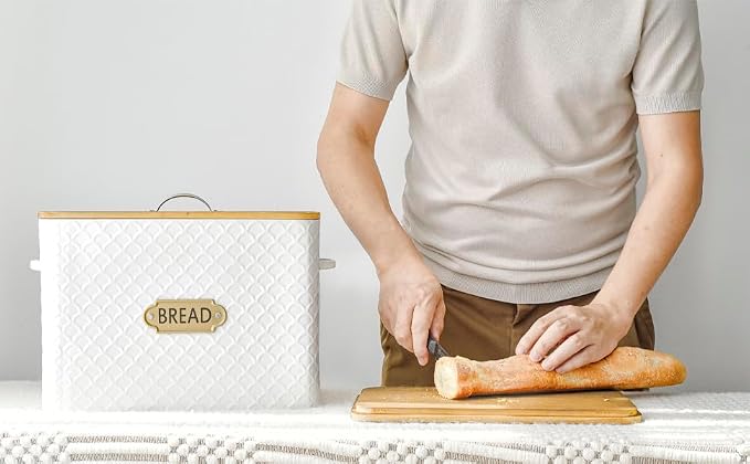 EMAX HOME Extra Large Space Saving Farmhouse Bread Box With Wood Lid - Holds 2 Loaves - Vertical Breadbox Bread Storage Bin Holder for Kitchen Countertop, White - Image 6