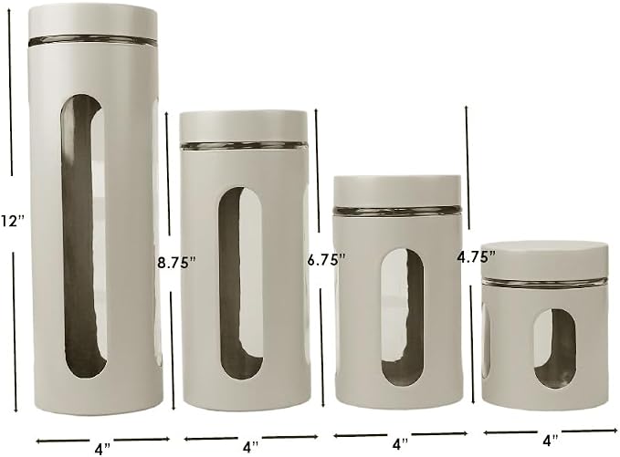 Retro Kitchen Canisters For Countertop (4 Piece Set) Grey By Home Basics - Glass with Metal Finish; See-Through Windows; Great For Flour, Coffee, Sugar, Dry Ingredients, Snacks | Glass Canister Set, Metal Finish, Clear Viewing Windows, Twist-Off Lids, ... - Image 7