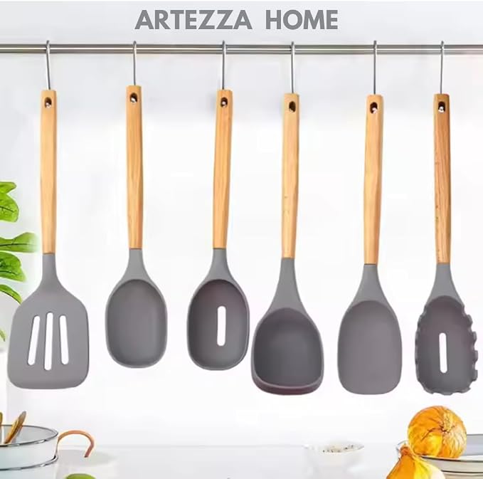 Premium Silicone Kitchen Utensil Set – 7-Piece Cooking Tools with Acacia Wood Handles and Bamboo Holder, Non-Stick, Heat Resistant, BPA-Free, Elegant Kitchen Gift (Grey -7pcs) - Image 5