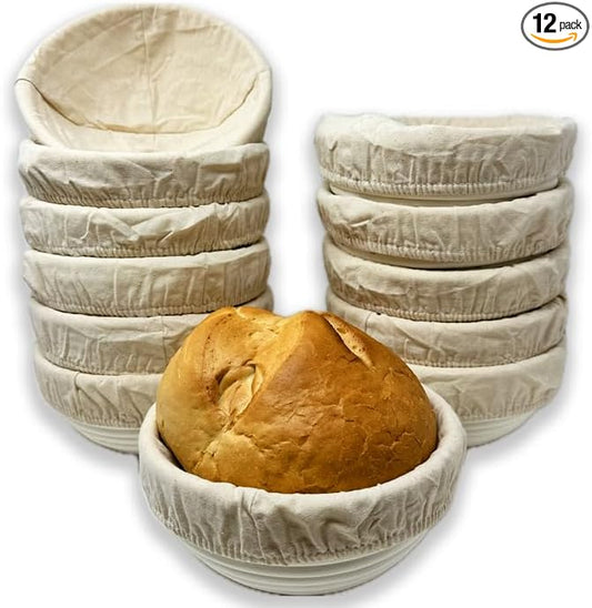12 Pack 9" Round Banneton Proofing Baskets with Cloth Liner - Premium Artisan Rattan Bread Proofing Basket Set for Sourdough, Artisan Boules & Dough Rising – Bulk Supply for Home & Bakery by TheLuckyCloverTradingCo