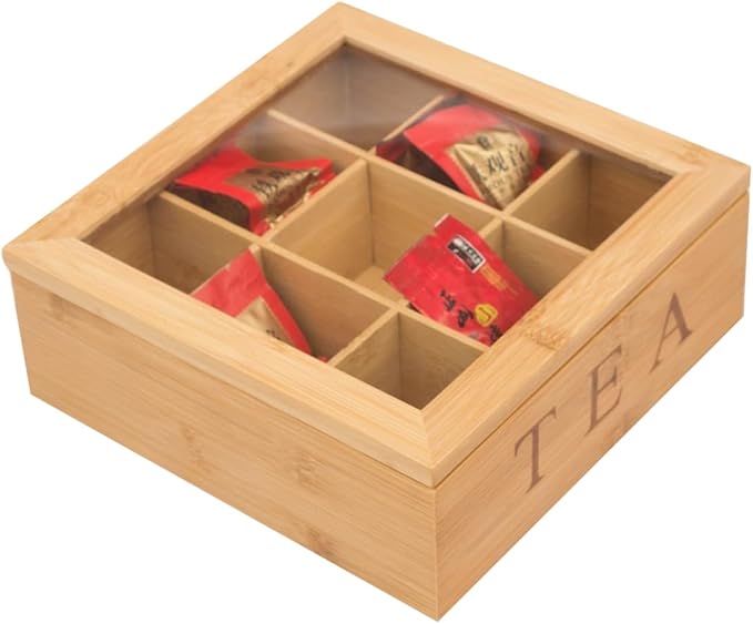 Tea Box Organizer,Bamboo Tea Box Organizer Storage Box,Wooden Teas Bag Storage with 9 Compartments and Clear Glass Cover for Home Office Gift - Image 3