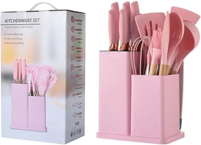 19 Piece Kitchenware Utensils and Knife Set- includes: 9 Piece Silicone Cooking Utensils- 5 Piece Sharp Stainless Steel Chef Knives- Scissors -Whisk Tongs and Cutting Board (Pink) by Unknown