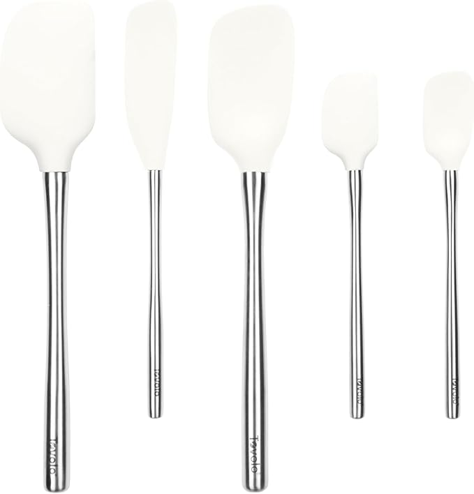 Tovolo Stainless Steel Handled Silicone Spatula Set of 5 White, Dishwasher Safe Kitchen Spatula Set for Cooking Baking, Non Toxic BPA Free Silicone Spatula set with Metal Steel Handle by Tovolo