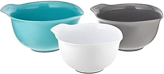 KitchenAid Universal Nesting Plastic Mixing Bowls, Set Of 3, 2.5 quart, 3.5 quart, 4.5 quart, Non Slip Base with Easy Pour Spout to Reduce Mess, Dishwasher Safe, Aqua Sky, White, Gray by Unknown