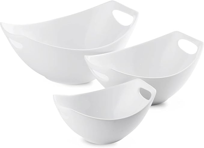 LAUCHUH Serving Bowls with Handles, Porcelain Serving Dishes Nesting Bowls | Mixing Bowls Set Salad Bowls for Entertaining, Thanksgiving, Baby Shower, Party, Set of 3, Microwave Safe, 15/28/49 oz, White by LAUCHUH