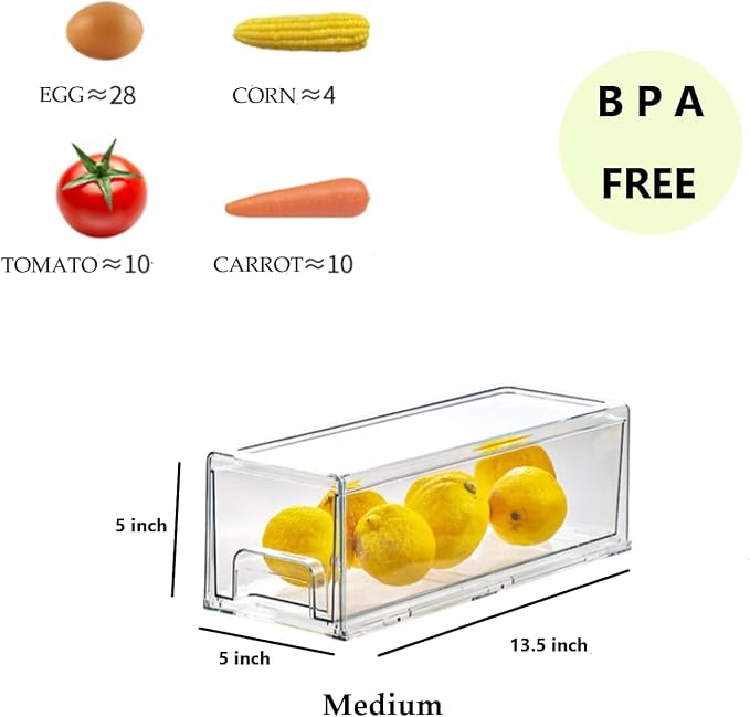 2 Pack Stackable Refrigerator Drawers Pull Out Bins Clear Fridge Drawer Organizer Food Storage Containers Plastic Veggie Fruit Produce Saver for Pantry Kitchen Freezer(M) - Image 3