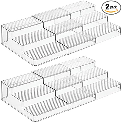 mDesign Plastic Spice/Food Kitchen Expandable Cabinet Shelf Organizer, 3 Tier Storage, Compact Caddy Rack for Cupboards, Refrigerator Holds Spices/Herb Bottles - Lumiere Collection - 2 Pack - Clear by mDesign