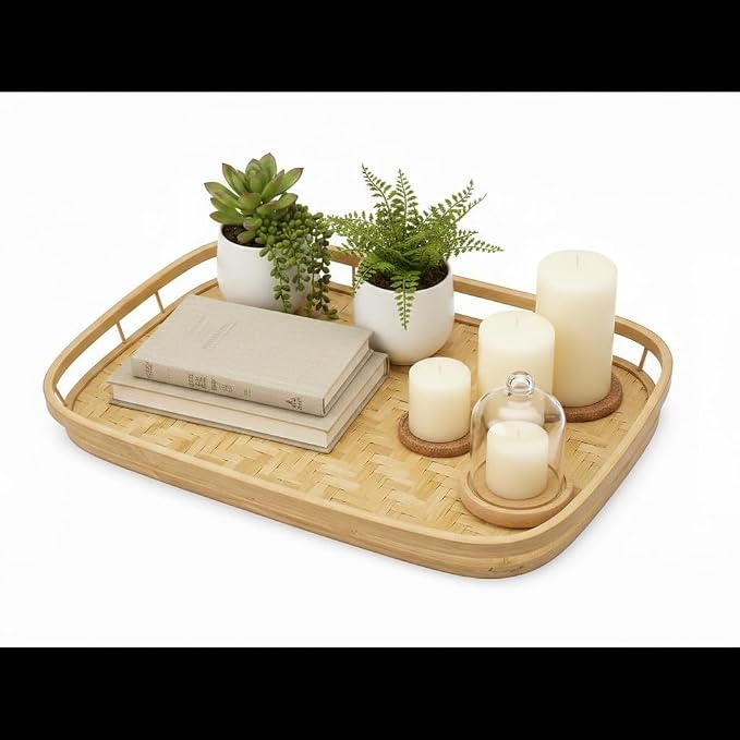 PEMAR Set of 6 Natural Bamboo Trays for Eating - Hand-Woven Handcrafted Rectangular Serving Trays with Handles - Unique Stackable Lap Trays for Dinner, TV Trays for Couch, Farmhouse Decor - Image 8