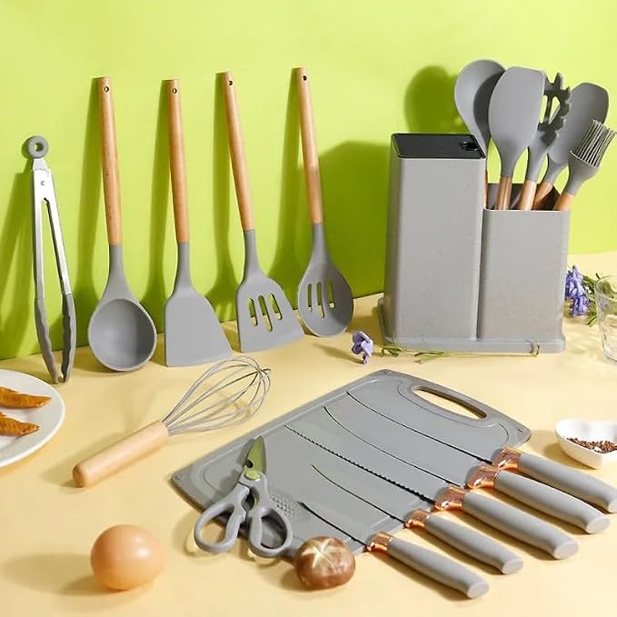 19-Piece Kitchen Utensils Set - Silicone Cooking Utensils, Non-Toxic Spatula Set, Kitchen Tools, Cutting Board, Cooking utensils set (Gray) - Image 4