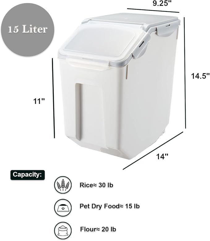 15 Liter / 30 lbs Rice Storage Container with Measuring Cup, BPA free, For Rice | Grain | Pet Food | Flour, 2 count, White & Gray - Image 3