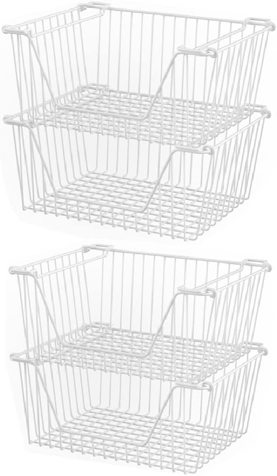 Slideep 14'' Large Stackable Storage Baskets Cabinet Organizer Sturdy Metal Wire Pantry Freezer Bin for Pantry Home Bathroom Kitchen Organization White - 4 Pack by WelcometotheSlideep