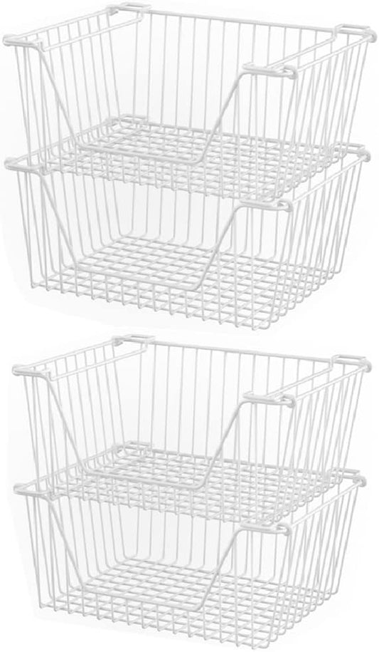 Slideep 14'' Large Stackable Storage Baskets Cabinet Organizer Sturdy Metal Wire Pantry Freezer Bin for Pantry Home Bathroom Kitchen Organization White - 4 Pack by WelcometotheSlideep