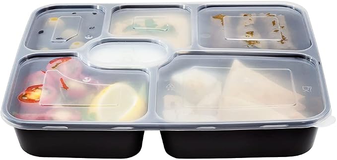 Restaurantware Asporto 53 Ounce Food Containers 100 Microwavable Take Out Food Containers - Clear Plastic Lids Included WIth 6 Compartments Black Plastic Catering Food Containers Disposable - Image 10