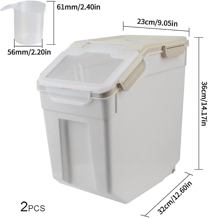 25LB Large Flour Storage Container Bin ,2 Pack Airtight Plastic with Wheels Seal Locking Lid Dispenser Organizer Storage Bin with Measuring Cup & Scoop for Flour, Rice, Grain 50LBS Total - Image 4