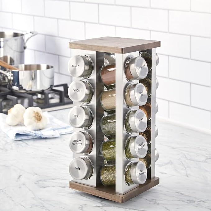 Kamenstein 20 Jar Vintage Revolving Countertop Spice Rack Organizer with Spices Included, FREE Spice Refills for 5 Years, Wood and Stainless Steel with Metal Caps - Image 6