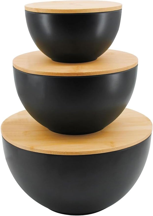 ECOWAY Salad Bowl Set of 3 with Bamboo Wooden Lids, Mixing Bowls Set, Nesting Bowls for Space Saving Storage, Made with Durable Eco-Friendly Bamboo Fiber, Great for Prepping and Serving Food, Black by ECWAY