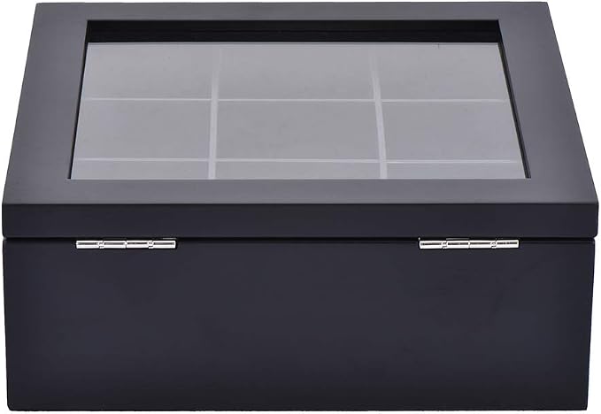 Wood Tea Storage Box, Teabag Storing 9 Compartments Wooden Tea Box Hinged Glass Lid Tea Organizer-Black - Image 8