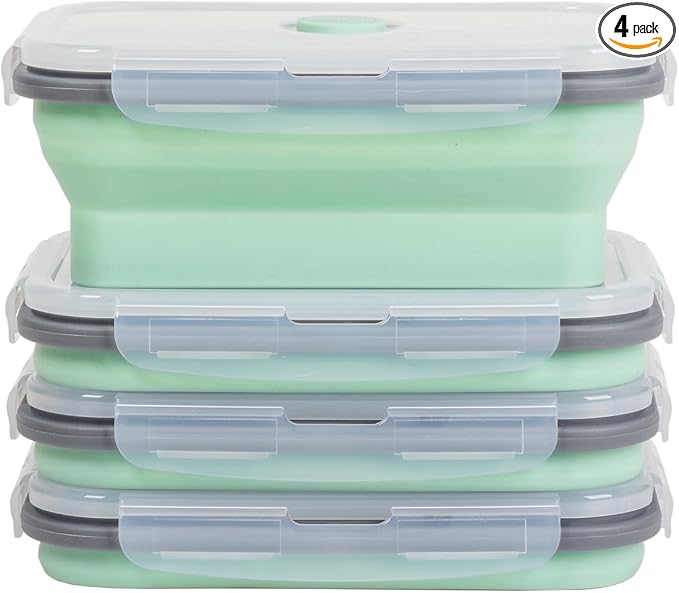 Collapsible Food Storage Containers with Lids & Vent, 27 oz, Kitchen Stacking Silicone Collapsible Meal Prep Container Set for Leftover, Microwave Freezer Dishwasher Safe, Mint Green, 4 Pack by Annaklin