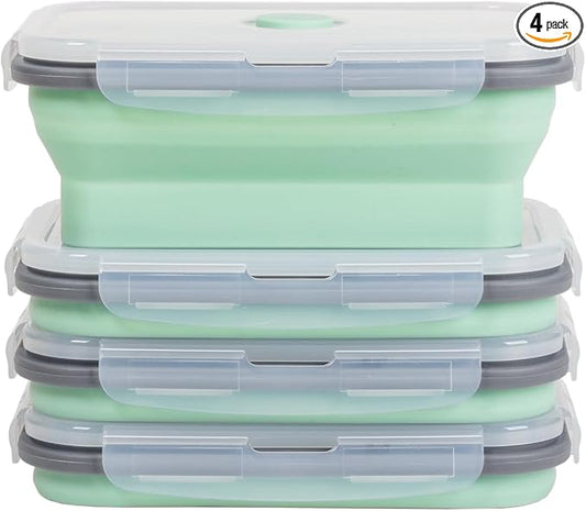 Collapsible Food Storage Containers with Lids & Vent, 27 oz, Kitchen Stacking Silicone Collapsible Meal Prep Container Set for Leftover, Microwave Freezer Dishwasher Safe, Mint Green, 4 Pack by Annaklin