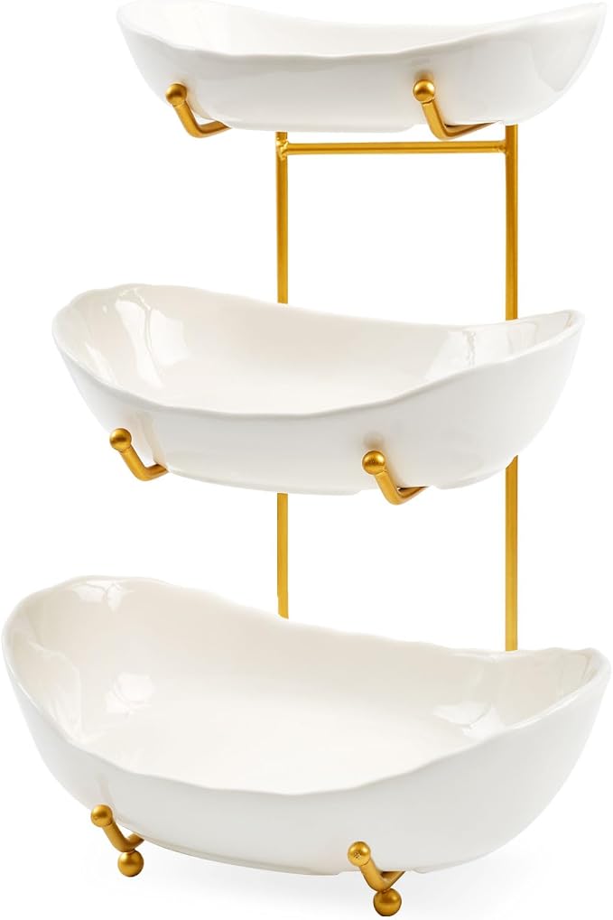 Fruit Bowl for Kitchen Counter with Gold Metal Stand | 3 Tier Fruit Holder,Tiered Fruit Basket for Fruit Vegetable Storage, Snack, Nuts, Cake, Dessert (White) - Image 8