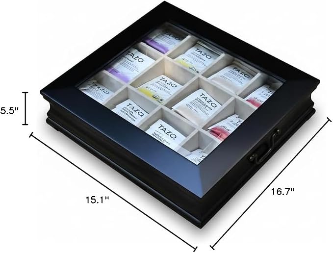 Tea Chest 12 Compartments Tea Bag Large Storage Box with Beveled Glass Lid - Image 4