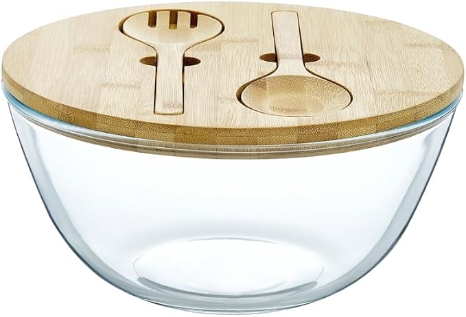 JOYMAY Glass Salad Bowl, 10.7inch Salad Bowl with Lid Thick Glass Mixing Bowls Serving Bowls, 4.7 Quart Large Salad Bowls with Bamboo Utensils, Trifle Bowl Fruit Bowl for Salad, Pasta, Microwave Safe - Image 8