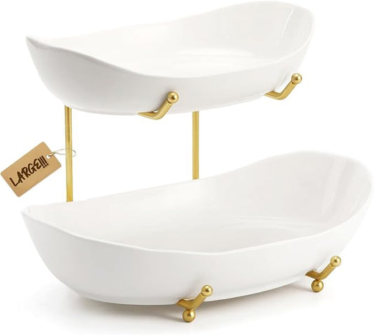Large Size 2 Tier Ceramic Fruit Bowl,（13.4 and 11 inch Plate）More Storage Space, Golden Metal Stand for Kitchen Counter,Porcelain Fruit Basket for Countertop, Snack, Nuts, Cake, Dessert - White by Unknown