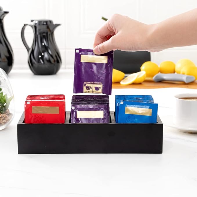 Restaurantware-9.5 x 4.25 x 2 Inch Coffee Condiment Organizer, 1 Rectangle Creamer Organizer - 3 Compartments, Black Bamboo Coffee Accessory Caddy, Won't Chip, For Tea And Sugar Packets - Image 5