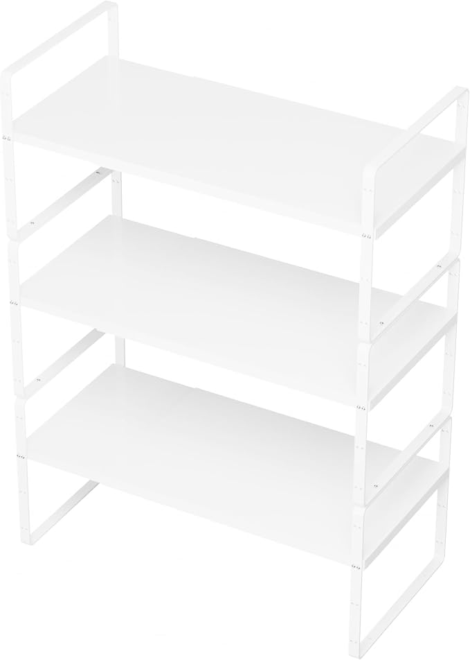 SANNO Expandable Cabinet Shelf Organizer,Spice Rack Adjust Height Large Kitchen Cupboard Organizer Stackable Counter Shelf Expandable Shelves, Counter Pantry, White,3 Pack by SANNO