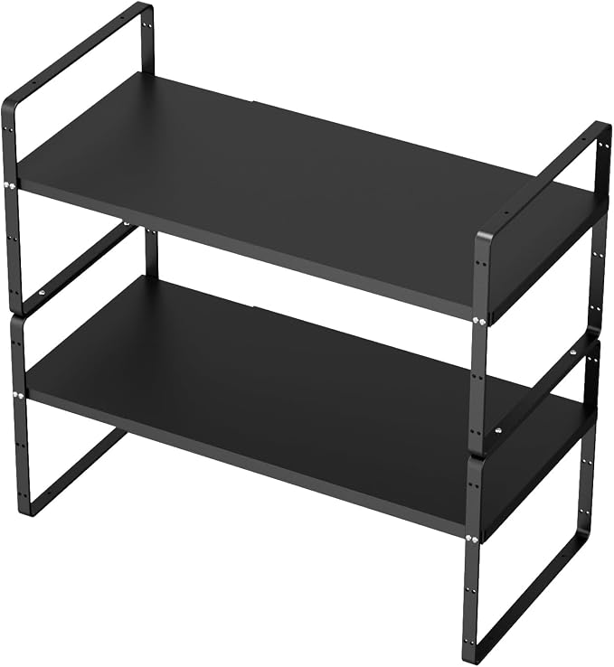 SANNO Expandable Kitchen Shelf Organizers,Adjustable Height Large Stackable Kitchen Cupboard Cabinet, Pantry and Counter Shelf Organizer, Cupboard Stand Spice Rack, Black, 2 Pack by SANNO