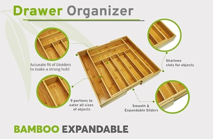 Bamboo Kitchen Drawer Organizer, Expandable Wood Utensil Tray, Adjustable Silverware Organizer with 9 Compartments for Fork, Spoon & Knife Utensils - Image 8