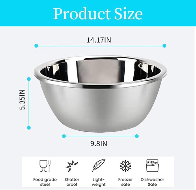 meleg otthon Stainless Steel Mixing Bowls, 13.5QT Metal Bowls, Salad Bowl, Heavy Duty Deeper Edge Mirror Finish Dishwasher Safe Bowl(14.17'' diameter x 5.35''high) - Image 2