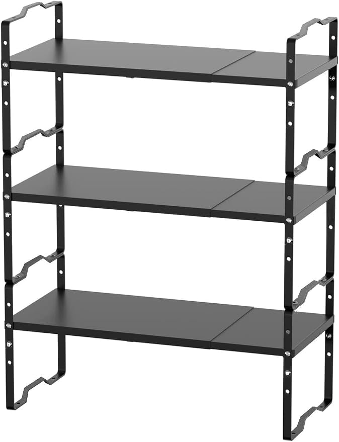 Jojocross Expandable Shelf for Cabinet Organizer Adjustable and Stackable Spice Rack at Kitchen and Bathroom More, Counter Countertop Cupboard Organization Pantry Storage(LARGE/3PACKS/BLACK) - Image 4