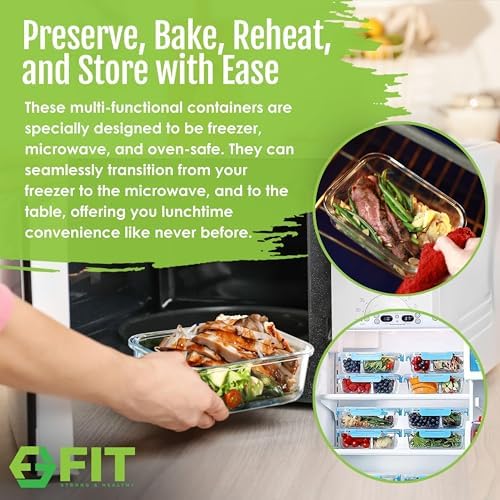 FIT Strong & Healthy 4-Pack 2 & 3 Compartment Glass Meal Prep Containers & 32oz Glass Water Bottle with Straw Lid, Time Marker, Sleeve & Extra Lid (Black) - Image 4