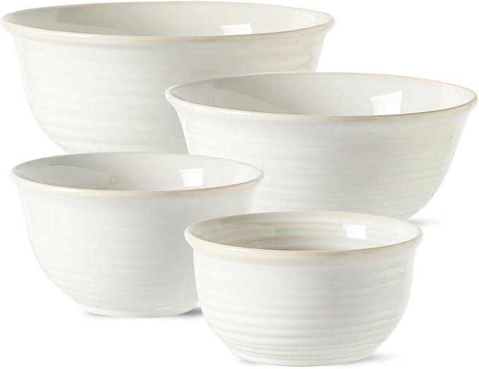 Hasense Porcelain Mixing Bowls, 2.8/2.1/1.0/0.5 Qt, Handmade Large Salad Serving Bowls for Kitchen, Deep Nesting Dishes for Cooking and Baking, Microwave Dishwasher Safe, Clay-Infused White by Hasense