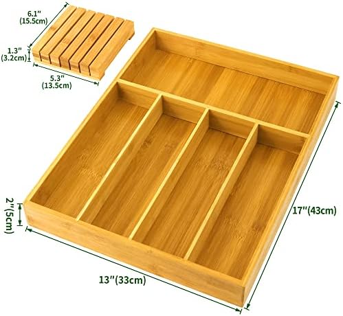VaeFae Bamboo Silverware Drawer Organizer with Knife Block Set - Image 4