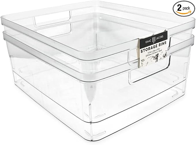 Isaac Jacobs 2-Pack Large Clear Storage Bins (11.5” L x 14” W x 5.5” H) | Cutout Handles, Plastic Organizer for Home, Office, Kitchen, Fridge/Freezer, Bathroom, BPA Free, Food Safe (Large) by IsaacJacobs