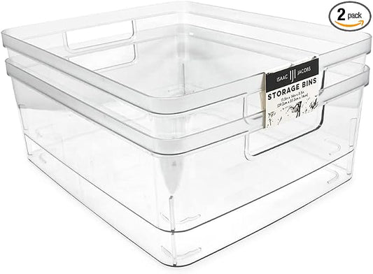 Isaac Jacobs 2-Pack Large Clear Storage Bins (11.5” L x 14” W x 5.5” H) | Cutout Handles, Plastic Organizer for Home, Office, Kitchen, Fridge/Freezer, Bathroom, BPA Free, Food Safe (Large) by IsaacJacobs
