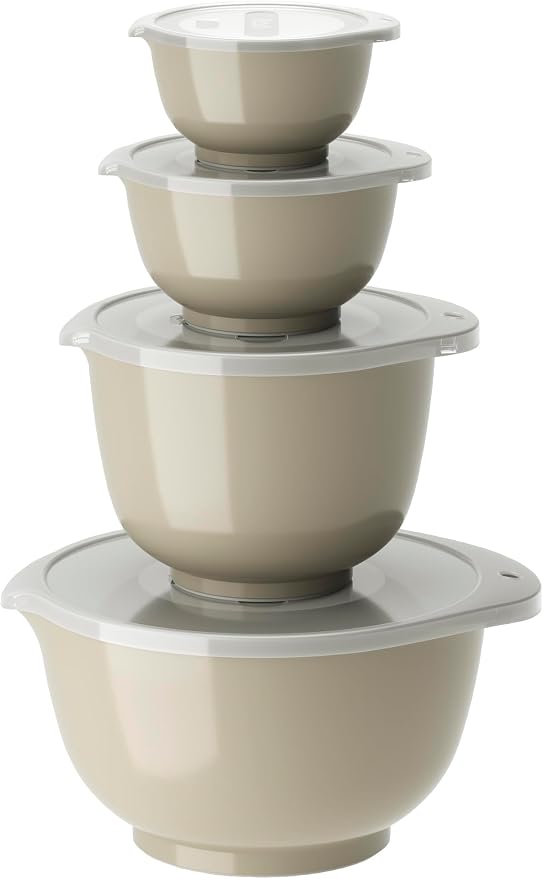 Rosti Margrethe Bowl Set, Mixing Bowl Set, 8-Piece with 4 Mixing Bowls and 4 Lids, Dough Bowl Made of Recyclable Plastic, 0.25 Litres, 0.5 Litres, 1.5 Litres and 3 Litres, Humus by Rosti