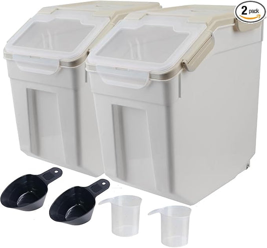 AnRui Airtight Flour Storage Container 25lb, Plastic Grain Storage Bucket, Rice Cereal Dispenser Organizer Box with Lid, Cat Dog Food Storage Bin with Measuring Cup, Scoop, Wheels, 2Pcs Grey by AnRui