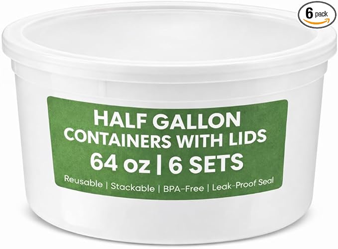 64 oz Plastic Containers with Lids - (Pack of 6) Food Storage Organizer Half Gallon Round Plastic Deli Container with Leak-Proof Lid, BPA-Free, Freezer, Dishwasher & Microwave Safe by JoyServe