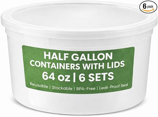 64 oz Plastic Containers with Lids - (Pack of 6) Food Storage Organizer Half Gallon Round Plastic Deli Container with Leak-Proof Lid, BPA-Free, Freezer, Dishwasher & Microwave Safe by JoyServe