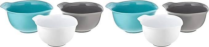 KitchenAid Universal Nesting Plastic Mixing Bowls,Set Of 3,2.5 quart,3.5 quart,4.5-quart,Non Slip Base with Easy Pour Spout to Reduce Mess,Dishwasher Safe,Aqua Sky,White,Gray,(Pack of 2) by Unknown