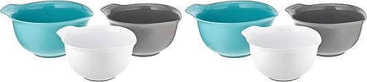 KitchenAid Universal Nesting Plastic Mixing Bowls,Set Of 3,2.5 quart,3.5 quart,4.5-quart,Non Slip Base with Easy Pour Spout to Reduce Mess,Dishwasher Safe,Aqua Sky,White,Gray,(Pack of 2) by Unknown