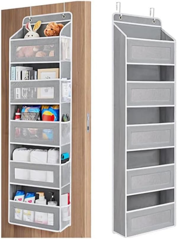 SakerPlus Five Tier Over The Door Organizer, Hanging Door Storage Organizer with Clear Windows and Side Pockets, Behind Door Storage for Bedroom Bathroom Pantry Nursery Closet (Grey) by SakerPlus
