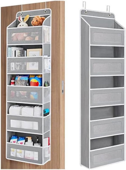 SakerPlus Five Tier Over The Door Organizer, Hanging Door Storage Organizer with Clear Windows and Side Pockets, Behind Door Storage for Bedroom Bathroom Pantry Nursery Closet (Grey) by SakerPlus